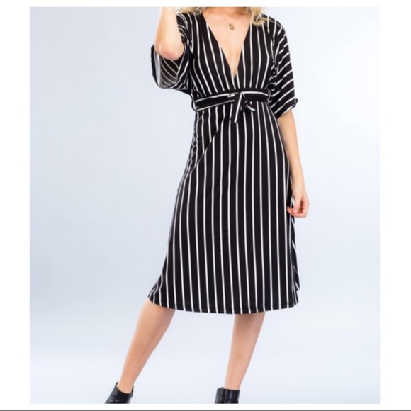 Dresses & Skirts - Black and white stripe plunging V neck midi dress